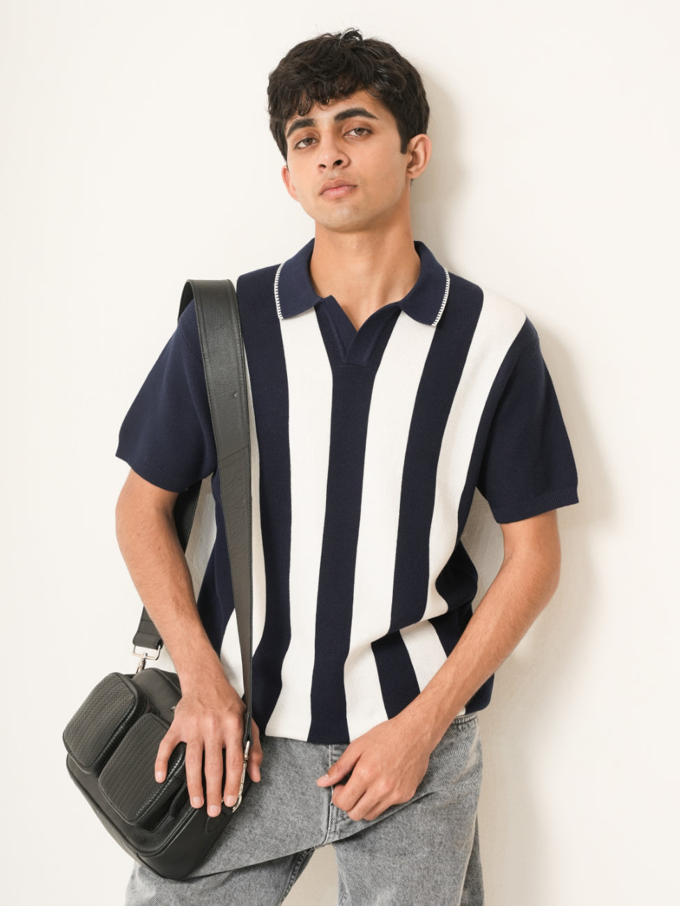 Navy Vertical Stripe Knit Polo T-Shirt