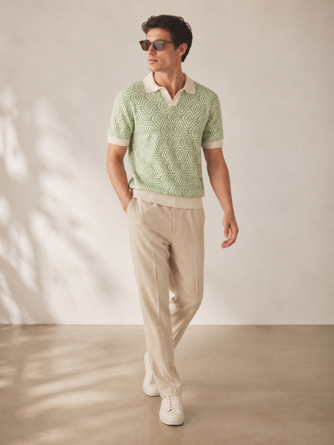 Geo Knit Polo T-Shirt – Mint Green