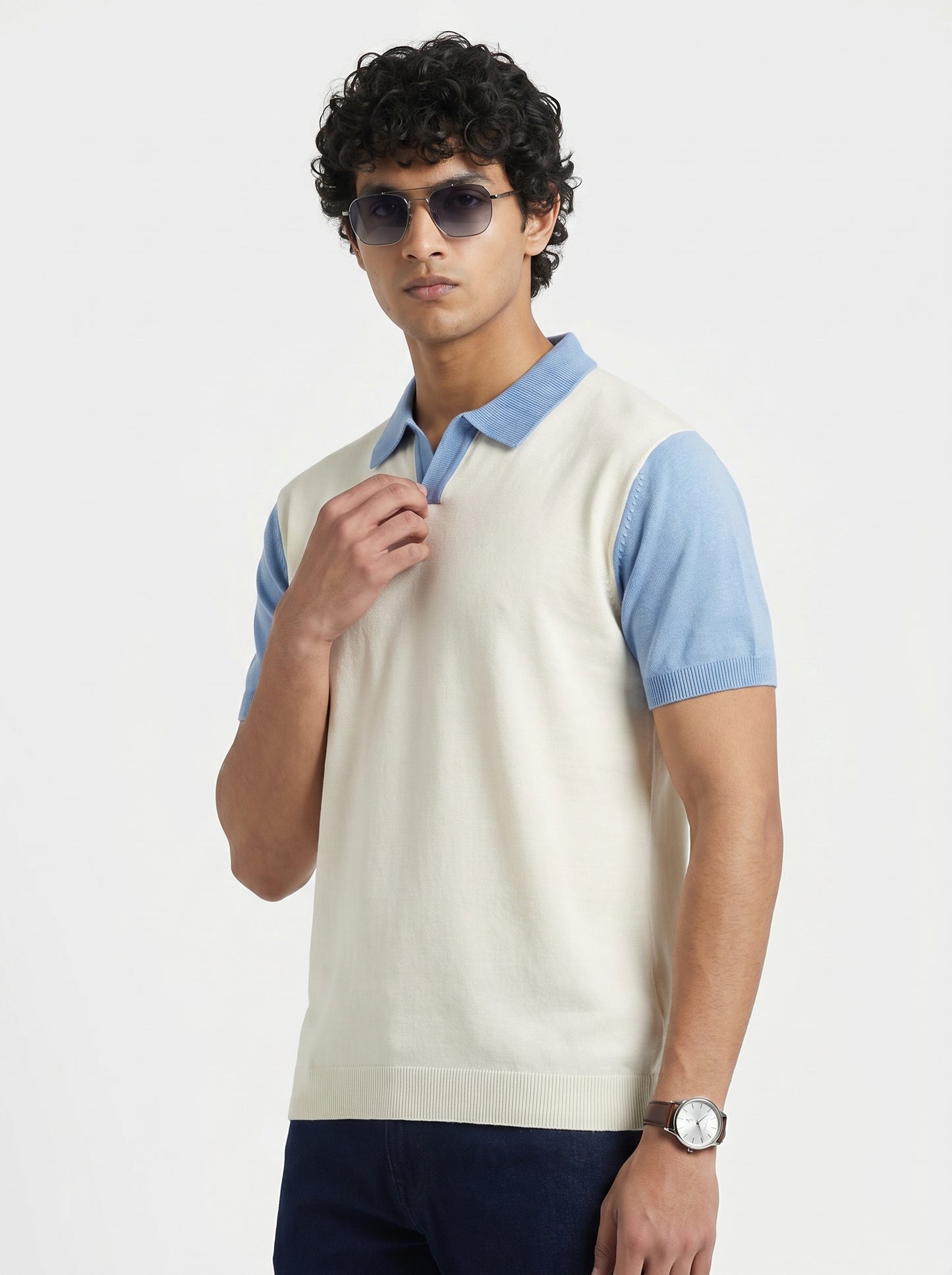 Contrast Sleeve Polo Knit Tee