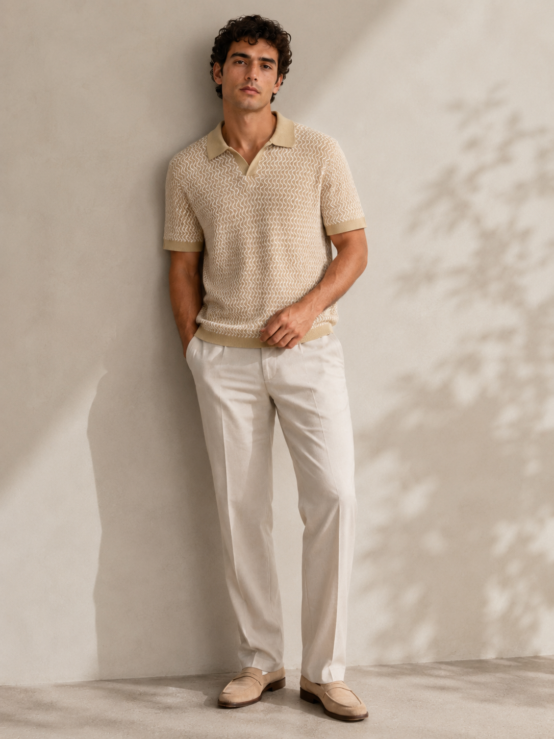 Beige Wave Knit Polo T-Shirt