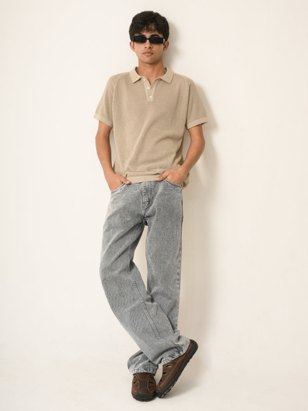 Beige Waffle Knit Polo T-Shirt