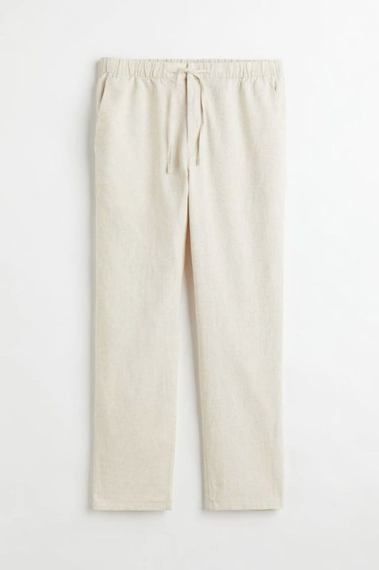 Classic Beige Pant Viscose Cotton Blend Long Trousers Drawstring Standard Waist Pull-On Casual Fit Striped