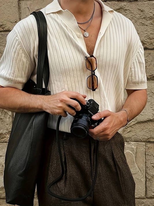Old Money Classic Ribbed Short Sleeve Lapel Collar Knitted Shirt - 100% Viscose Solid Color Regular Fit Knit Top