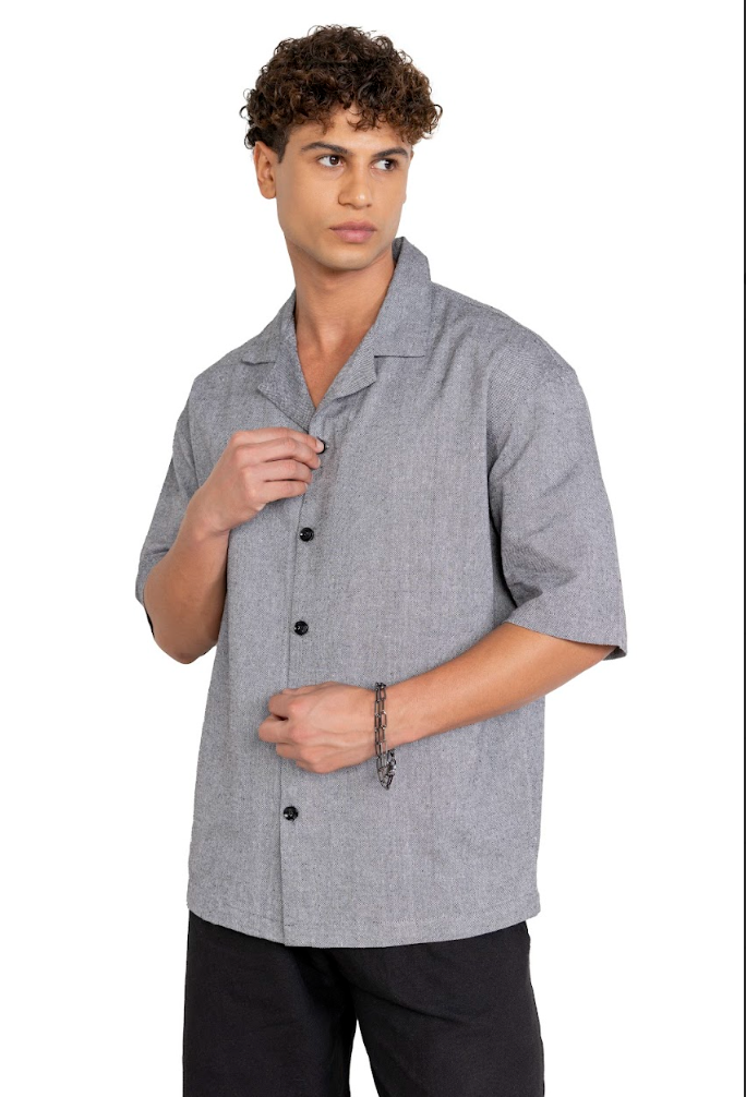 Old Money Cuban Collar Combo - Grey & Black Blended Linen 2-Piece Classic Duo Set Shirt & Pants
