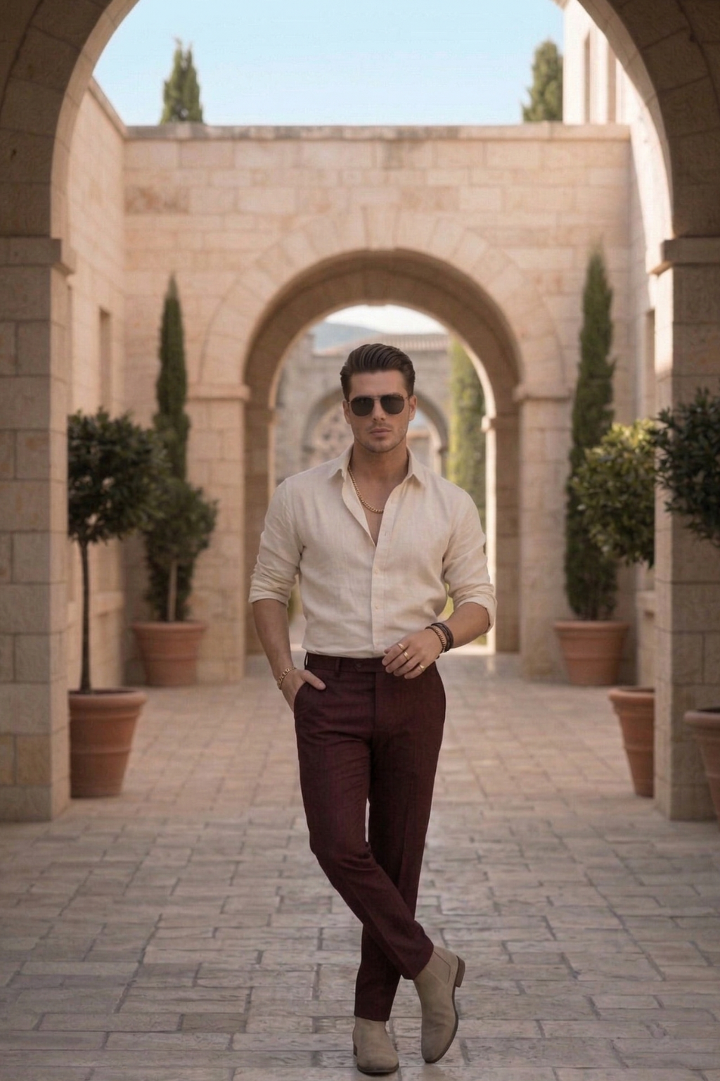 The Portofino Heritage Ensemble - Men's 2-Piece Set - Ecru Silk-Linen Blend Shirt & Deep Espresso Twill Pleated Cotton Trousers
