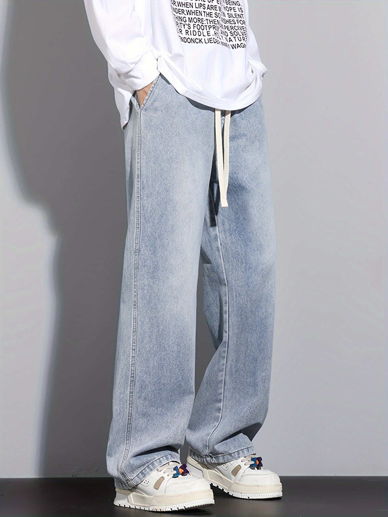 Men's Straight-Leg Relaxed Fit Non-Stretch Elastic Waistband Heavy Wash Salted Cat Whisker Five-Color Choice Jeans YG1133