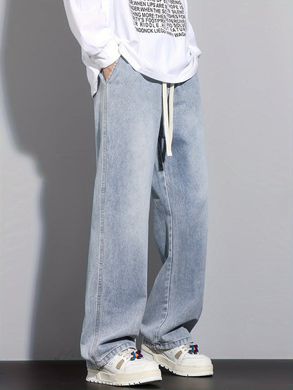 Men's Straight-Leg Relaxed Fit Non-Stretch Elastic Waistband Heavy Wash Salted Cat Whisker Five-Color Choice Jeans YG1133