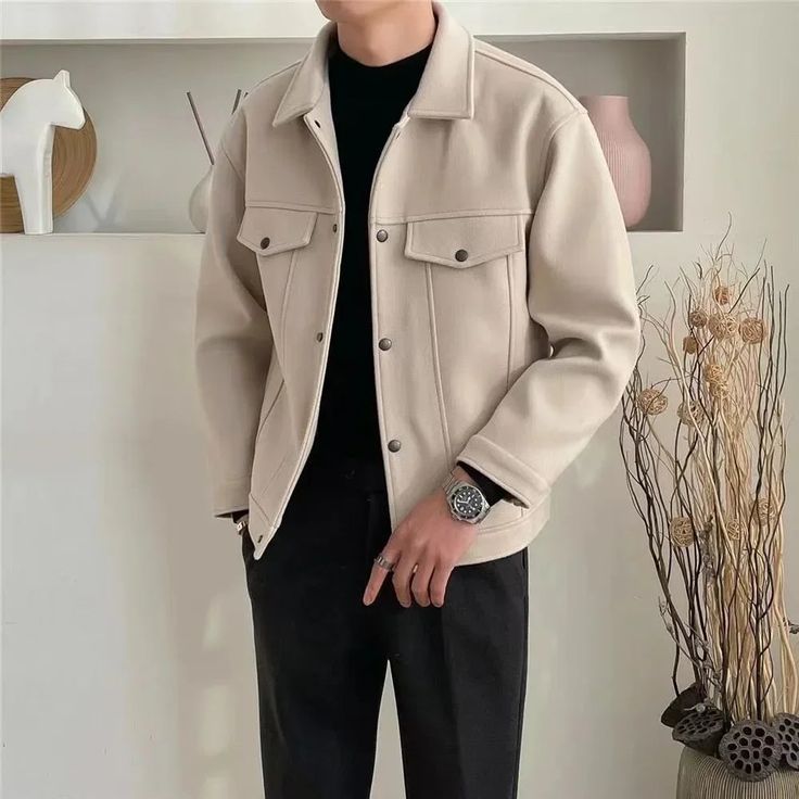 Men's Old Money Velvet Shacket - Off-White Premium Cotton Shirt Jacket with Button Closures and Front Pocket
