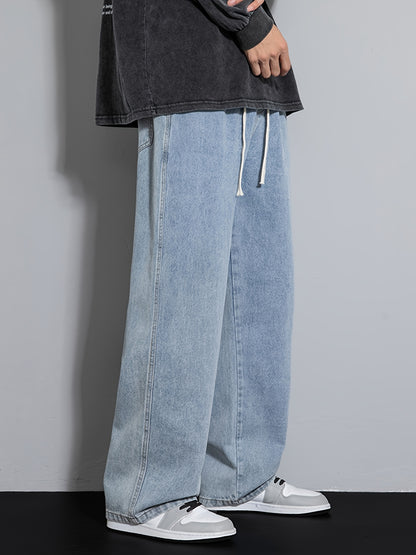 Men's Youth Loose Fit Straight-Leg Wide-Leg Heavy-Duty Washed Elastic Waist Drawstring CQ1110