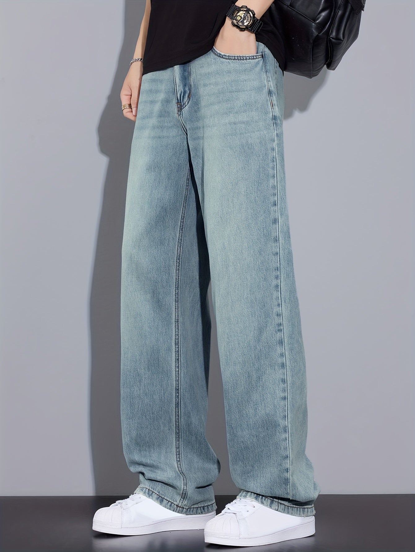 Hong Kong Style Vintage Distressed Youth Literary Light Blue Fashion Easy Men'S Autumn Washed Denim Jeans Casual All-Match Basic Commute Outdoor Leisure Loose Comfortable All-Season Men'S Straight Long Trousers (Kane.Zhang)