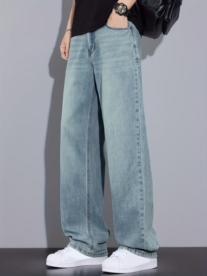 Hong Kong Style Vintage Distressed Youth Literary Light Blue Fashion Easy Men'S Autumn Washed Denim Jeans Casual All-Match Basic Commute Outdoor Leisure Loose Comfortable All-Season Men'S Straight Long Trousers (Kane.Zhang)