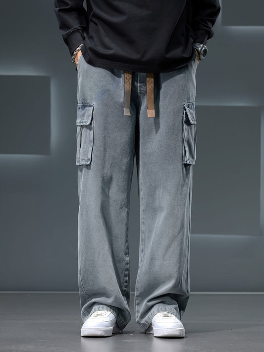 Men'S Straight Wide-Leg Jeans with Draping Effect, Gradient Color, Washed End, And Utility Style