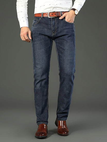 All Seasons New High-End Light Luxury Jeans Men'S Loose Straight Trousers High Waist Mid-Age Men'S Business Thick Versatile Fashion Casual Long Pants Belt-Free