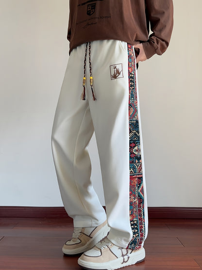 Men's Wide-Look Straight Pants with Ethnic-Embroidery Thigh - Loose-Fit Casual Trousers Suitable for Autumn/Winter Daily Wear, Hand Washable Straight Pants (No Dry)