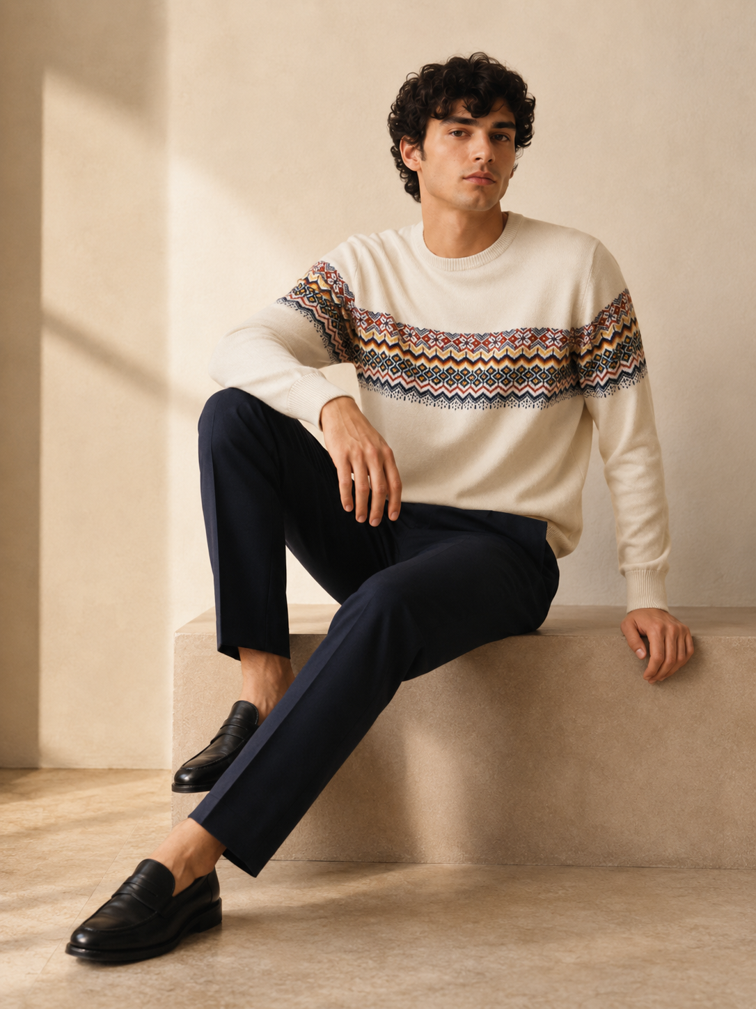Men's Premium Fair Isle Jacquard Knit Sweater – Off White