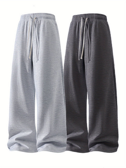 2-Pack Men's Loose-Fit Straight-Leg Casual Pants - Soft Stretch Knit Fabric with Adjustable Drawstring Waist & Side Pockets