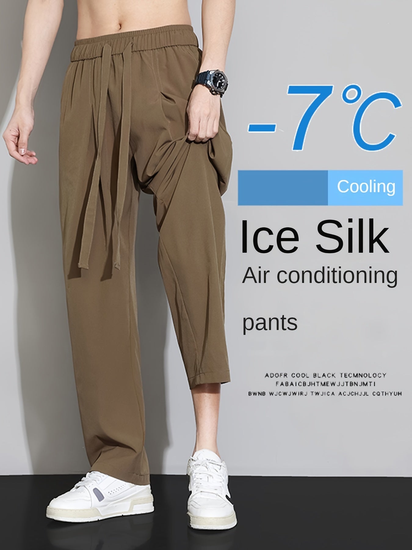 Double-Line Grid Ice Silky Fiber Fabric Wide-Leg Pants for Men, New Summer Style, Trendy Thin Loose Straight-Leg Versatile Casual Draping Trousers