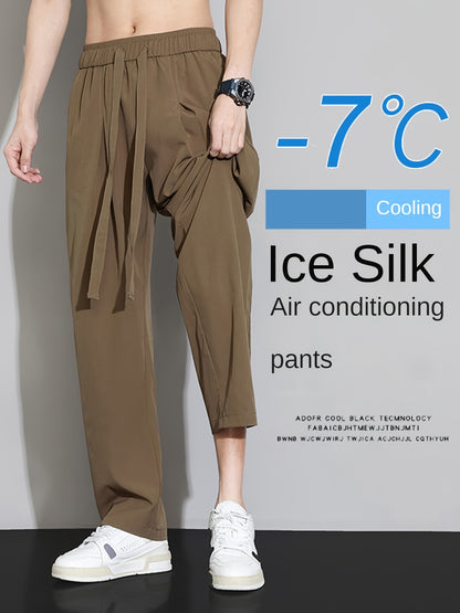 Double-Line Grid Ice Silky Fiber Fabric Wide-Leg Pants for Men, New Summer Style, Trendy Thin Loose Straight-Leg Versatile Casual Draping Trousers