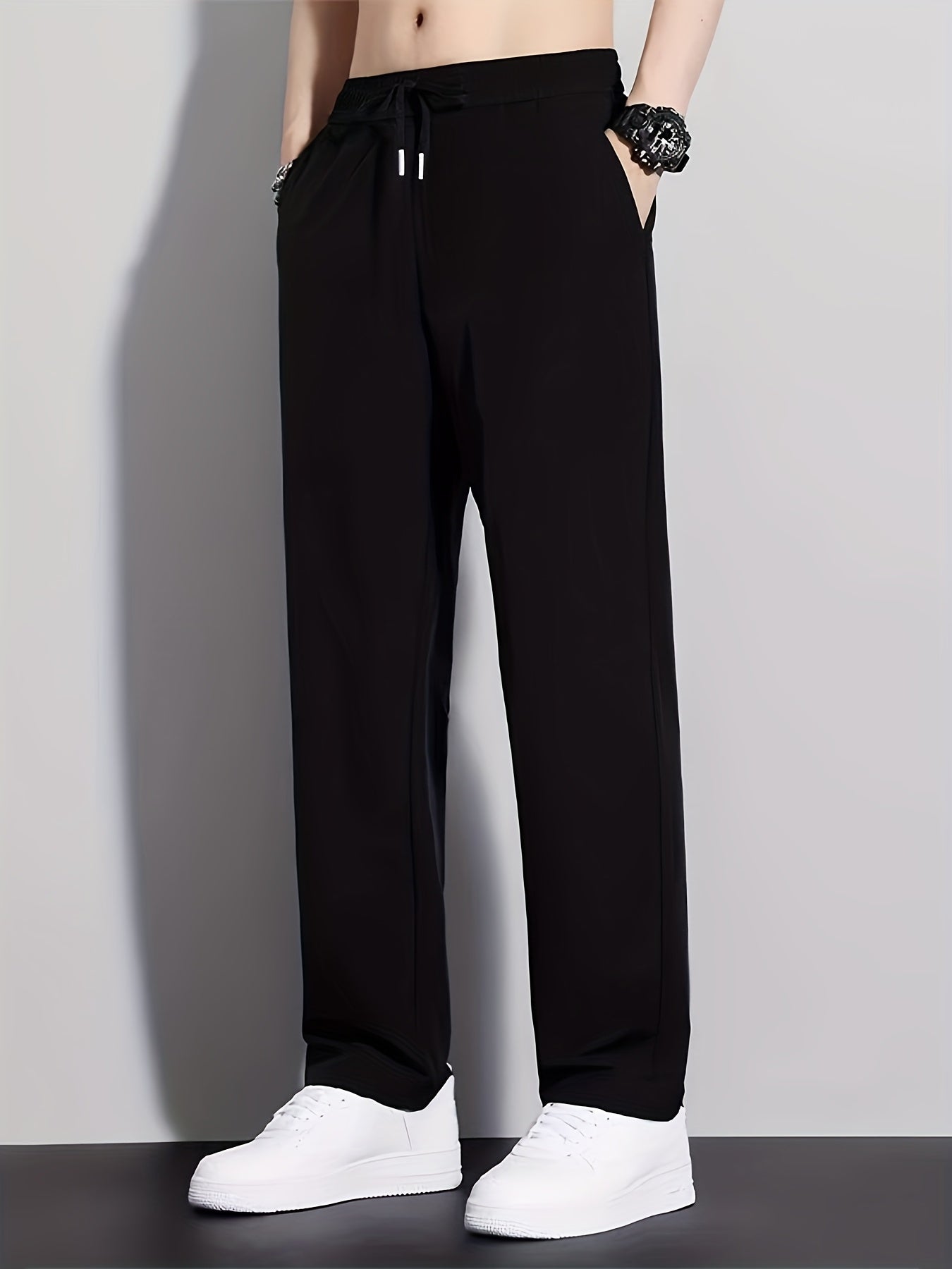 Summer Solid Ice Fiber Fabric Quick-Dry Casual Athletic Outdoor Straight Long Pants Elastic Waistband Drawstring