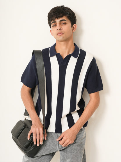 Navy Vertical Stripe Knit Polo T-Shirt