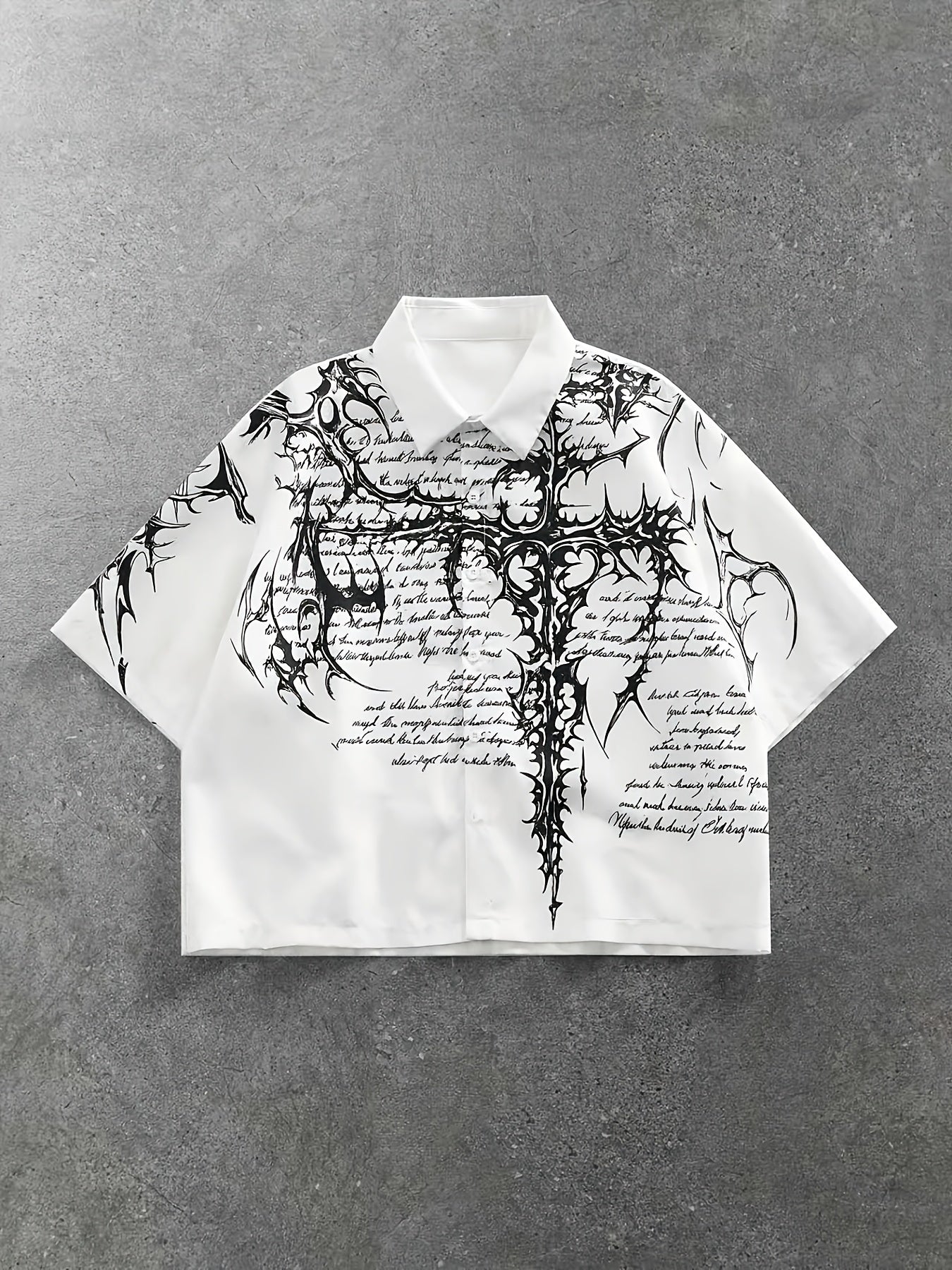 [Men's Print Shirt] Men's White Loose Casual Short Sleeve Button-Up Shirt with Print