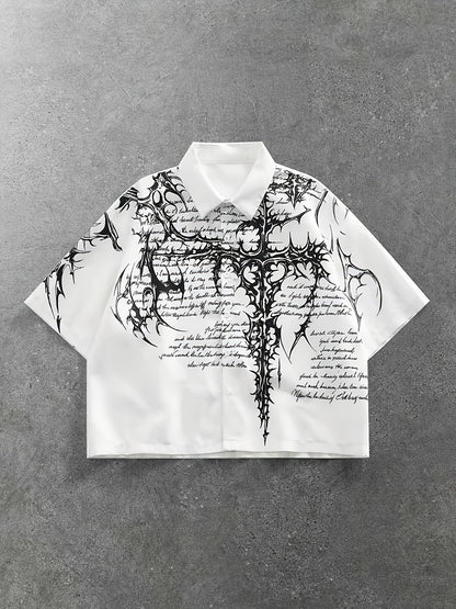 [Men's Print Shirt] Men's White Loose Casual Short Sleeve Button-Up Shirt with Print