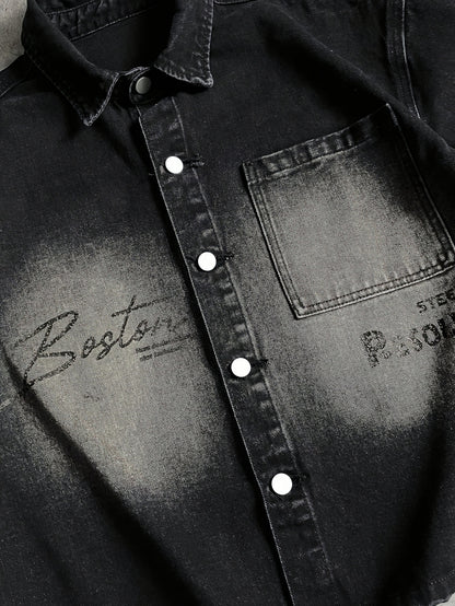 Men's Denim Shirt with Letter Print, Black, Suitable for Dates, Outings, and Festivals, Spring/Summer