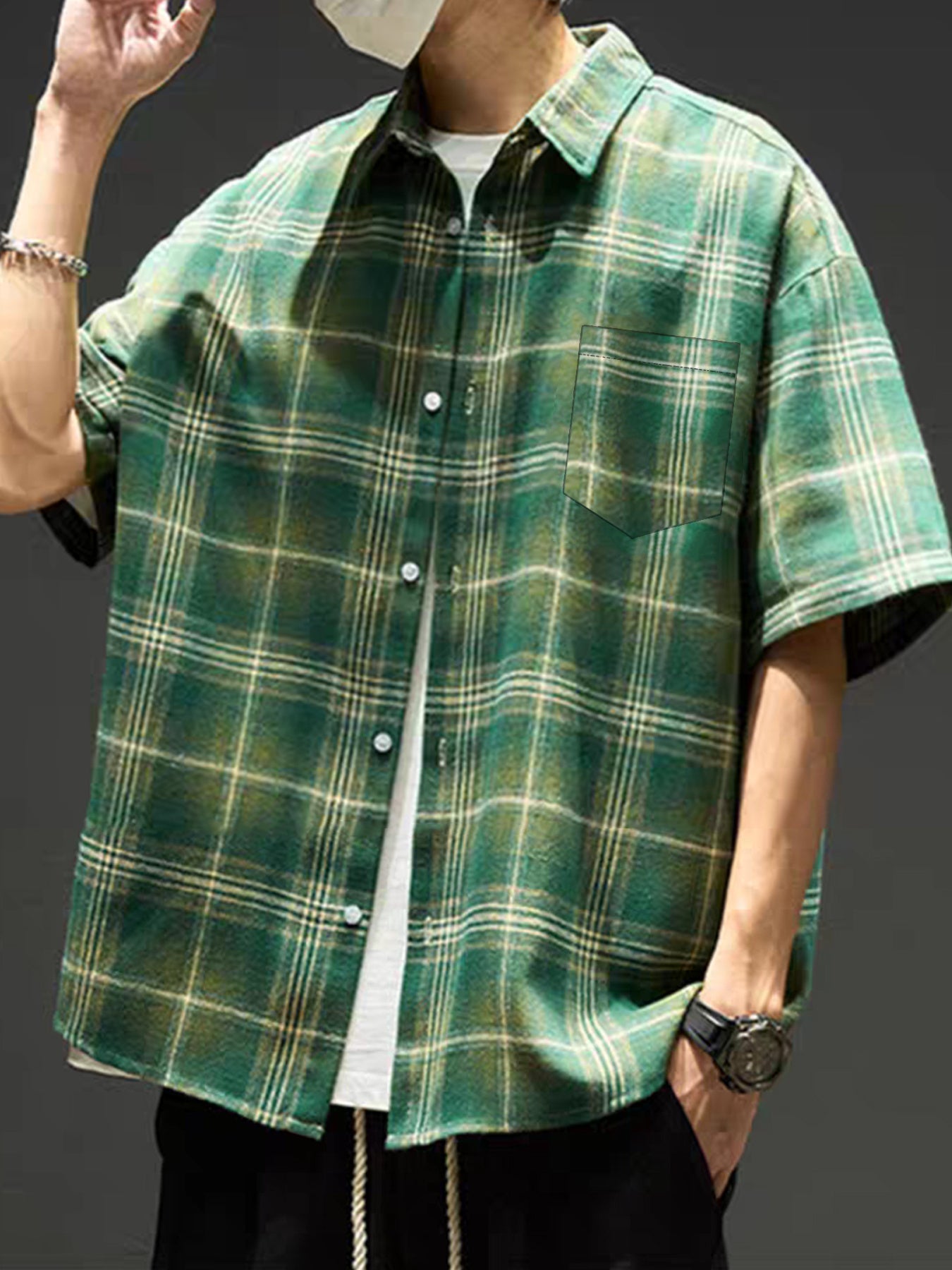 Men's American Vintage Style Green Plaid Short-Sleeve Shirt, Casual Lapel Collar, Trendy Outerwear Plaid Shirt
