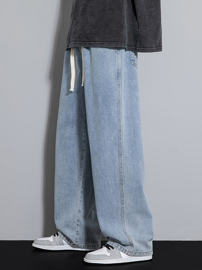 Men's Youth Loose Fit Straight-Leg Wide-Leg Heavy-Duty Washed Elastic Waist Drawstring CQ1110