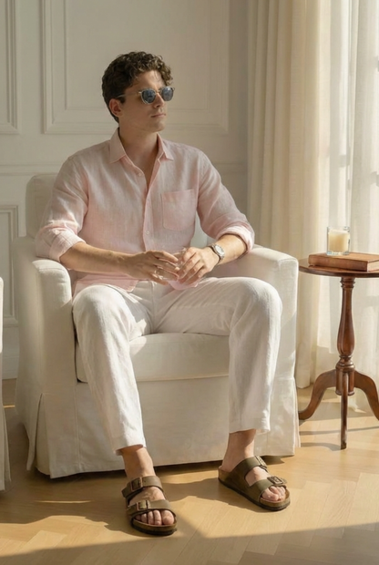 Old Money Pink & White Classic Combo - Cotton Linen 100% Cotton 2-Piece Duo Set Shirt & Pants