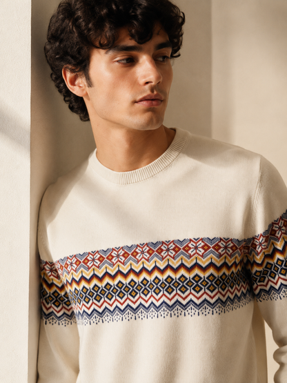 Men's Premium Fair Isle Jacquard Knit Sweater – Off White