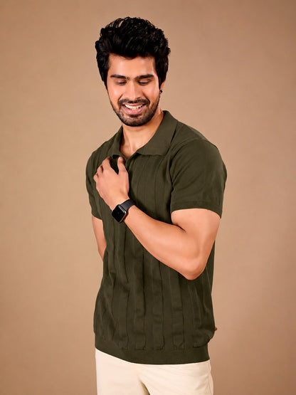 Olive Vertical Knit Polo