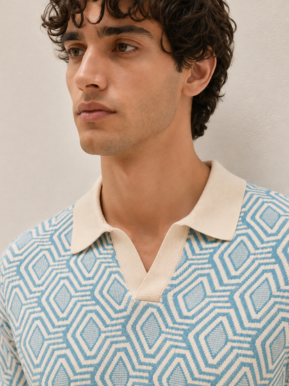 Sky Blue Geo Knit Polo T-Shirt