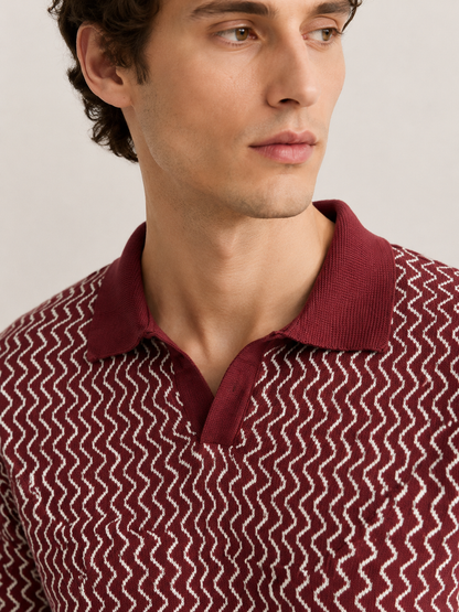 Maroon Wave Knit Polo T-Shirt