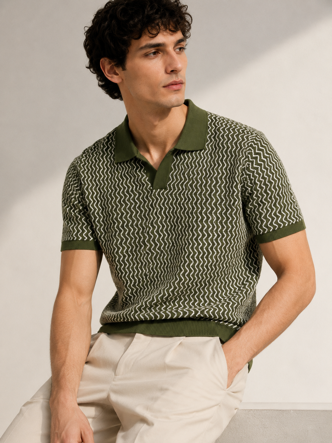 Olive Wave Knit Polo T-Shirt