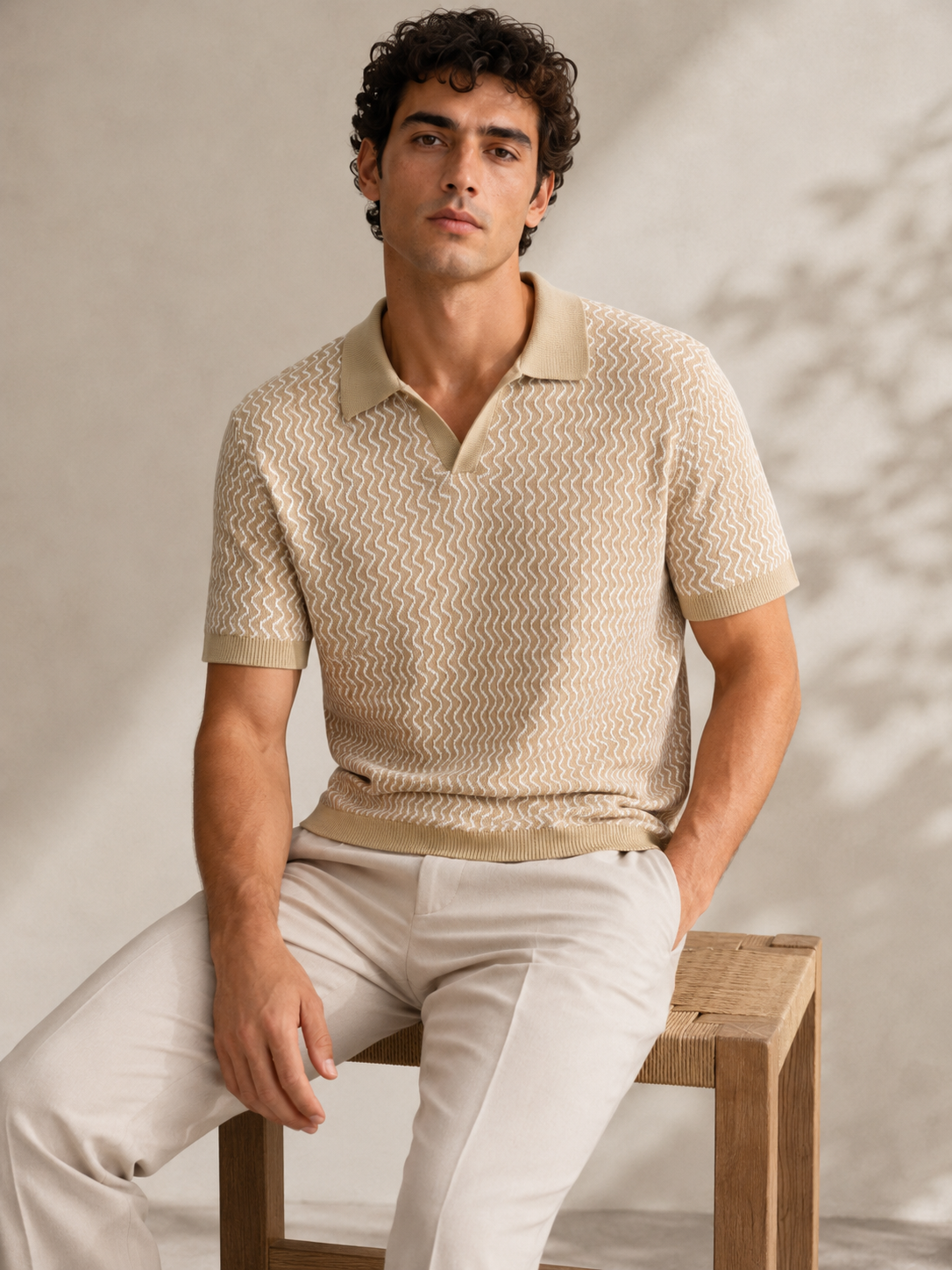 Beige Wave Knit Polo T-Shirt