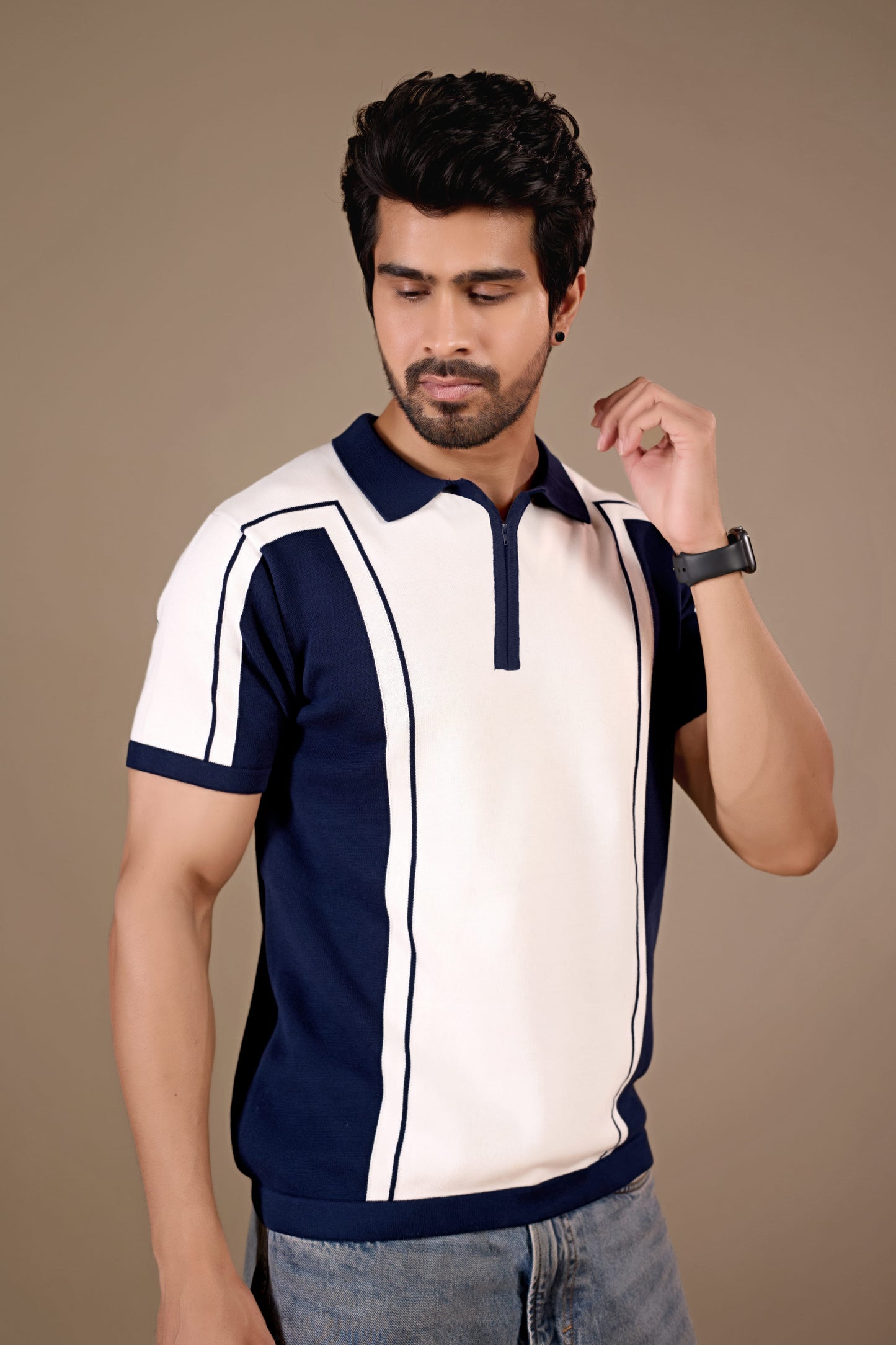 Navy Color Block Knit Polo T-Shirt