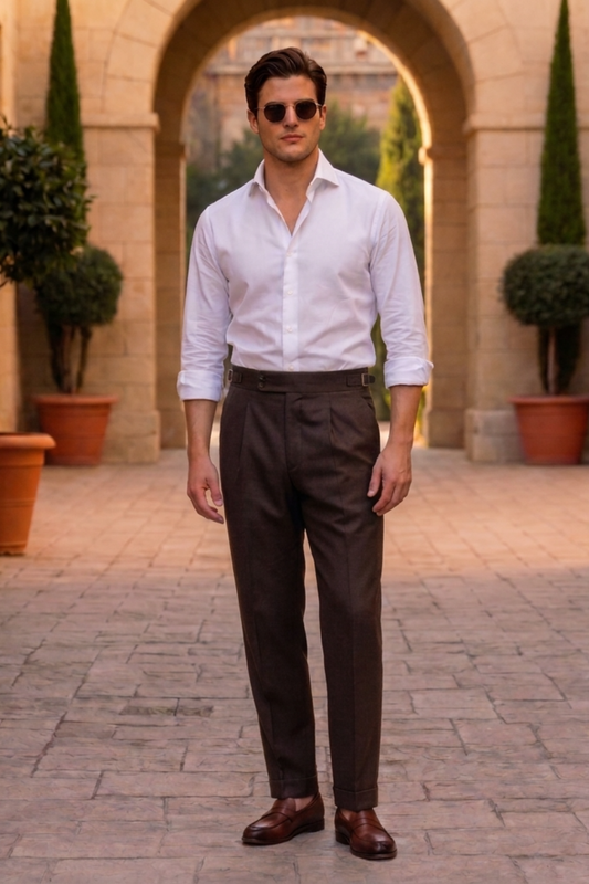 The Portofino Heritage Set - Men's 2-Piece Ensemble - Optical White 100% Cotton Shirt & Espresso Brown High-Rise Pleated Trousers