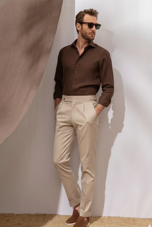 Signature Luxe Duo Brown & Beige Hand-Tailored Sand Beige Gurkha Trouser & Choco Brown Knit Set