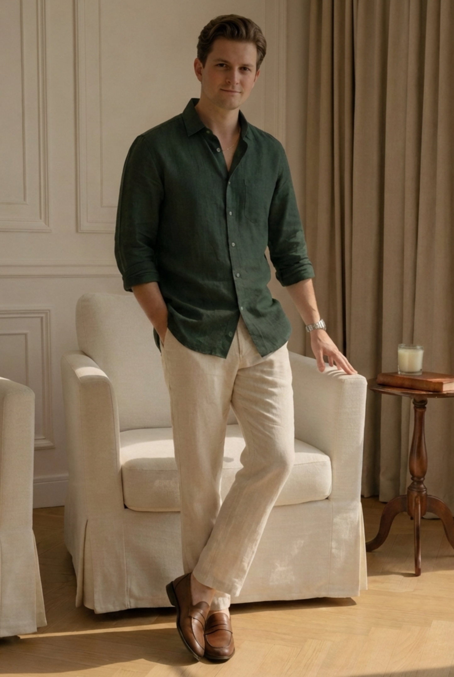 Old Money Green & Beige Classic Combo - Lotus Linen 2-Piece Duo Set Shirt & Pants