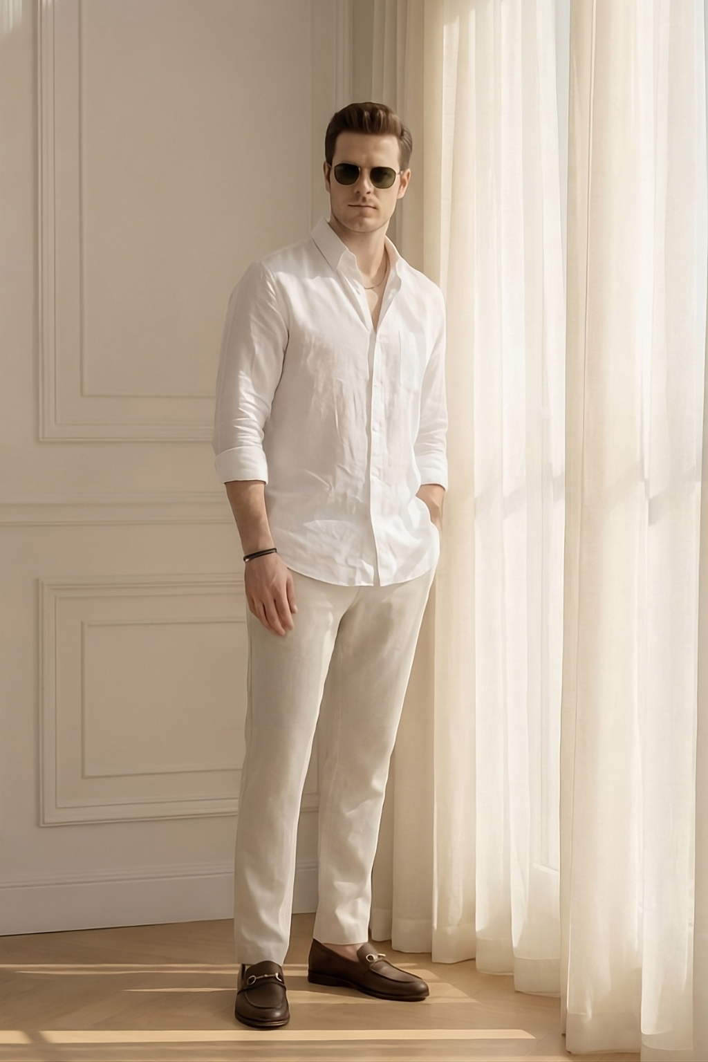 Old Money White & Beige Classic Combo - Poly Linen 2-Piece Duo Set Shirt & Pants