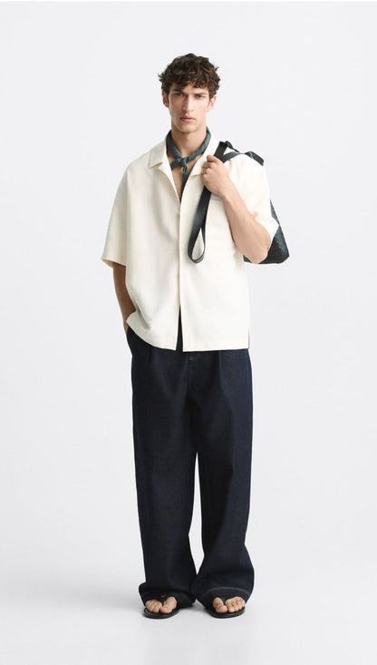 Old Money Cuban Collar Combo - Beige & Black Blended Linen 2-Piece Classic Duo Set Shirt & Pants