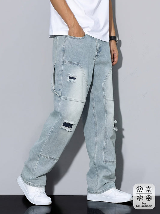 Classic Vintage-Style Men'S Distressed Jeans, Featuring a Light Color Design with Patch Elements, High-Quality And Suitable for All Seasons, Highly Recommended for Collection