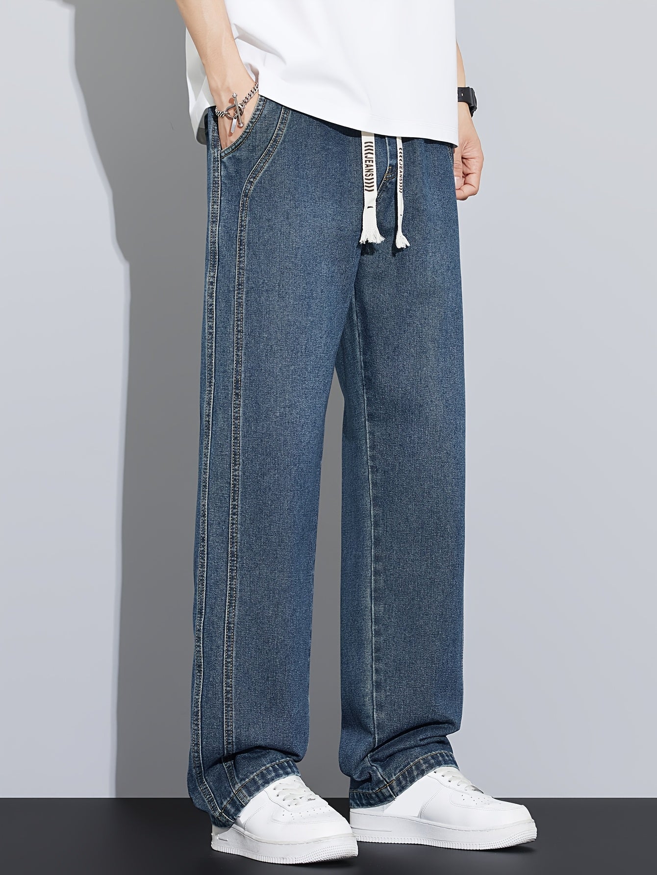 Men's Vintage Washed Blue Jeans - Heavy-Duty Straight-Leg Machine-Washable Pants for Casual, Office, Casual Attire (No-Stretch Non)