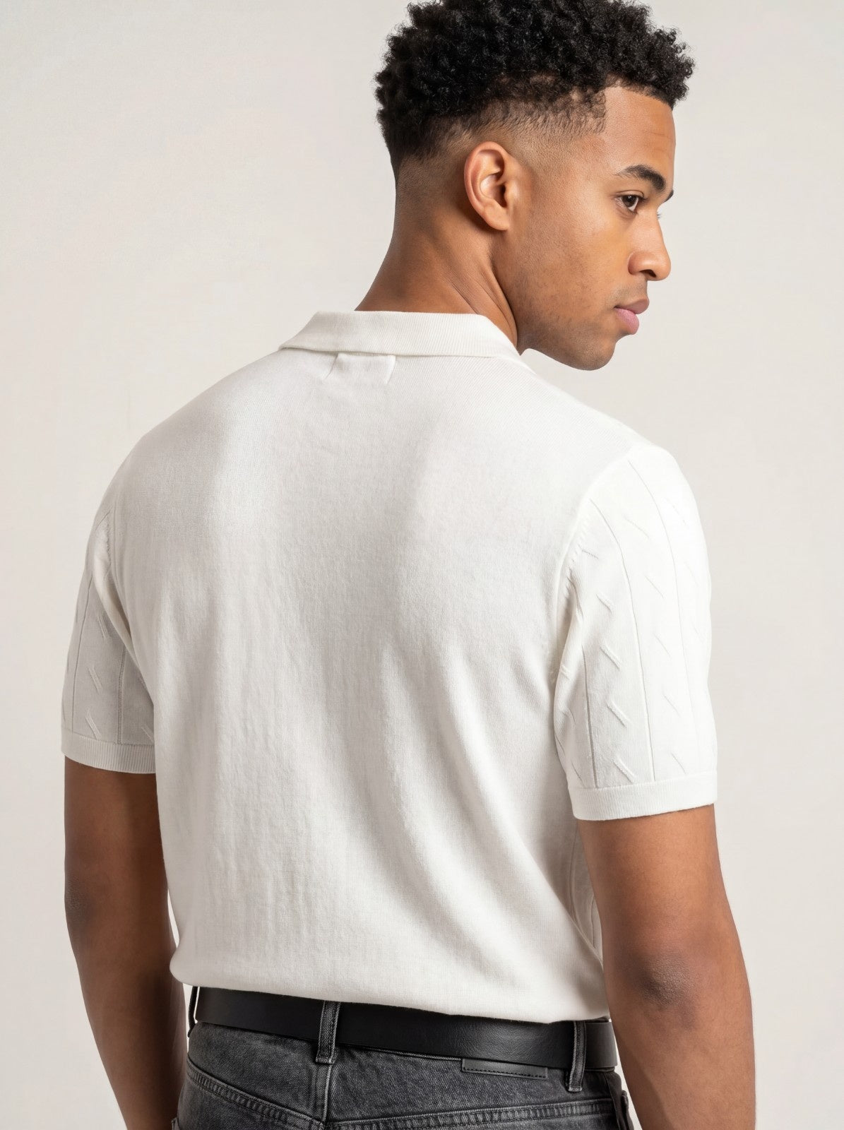 Ivory Textured Knit Polo T-Shirt