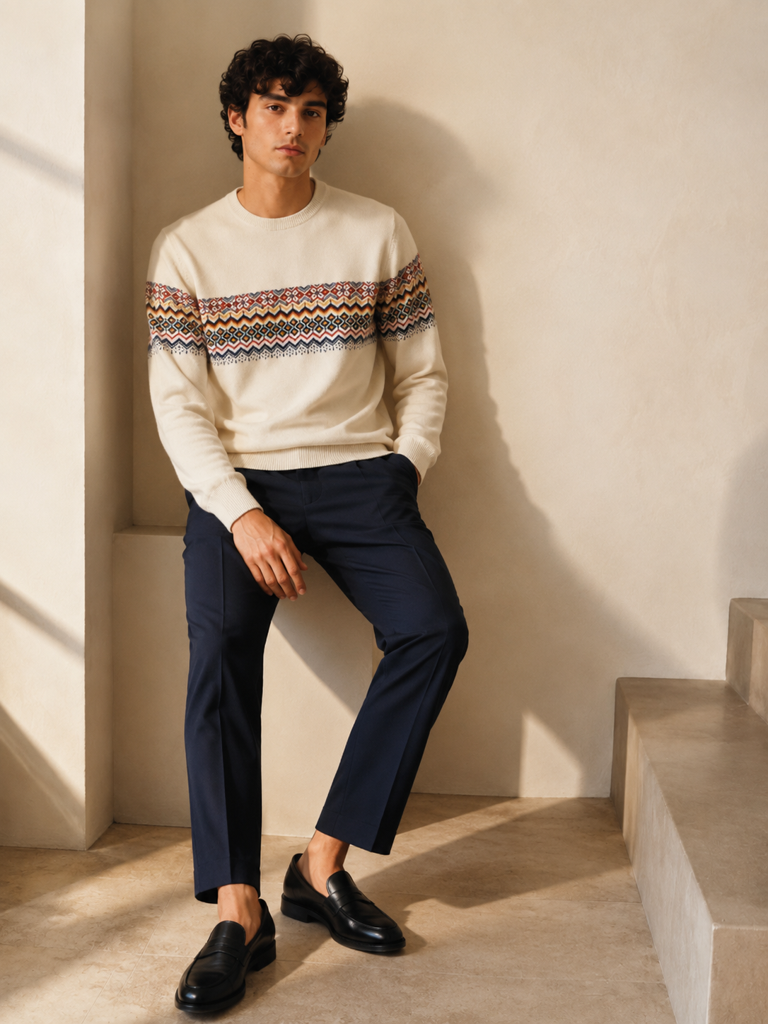 Men's Premium Fair Isle Jacquard Knit Sweater – Off White