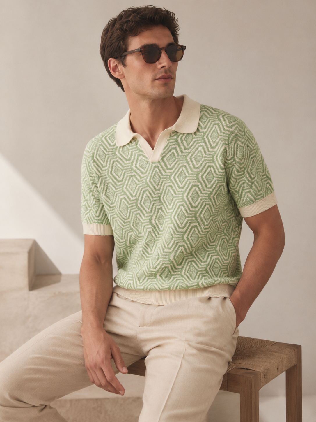 Geo Knit Polo T-Shirt – Mint Green