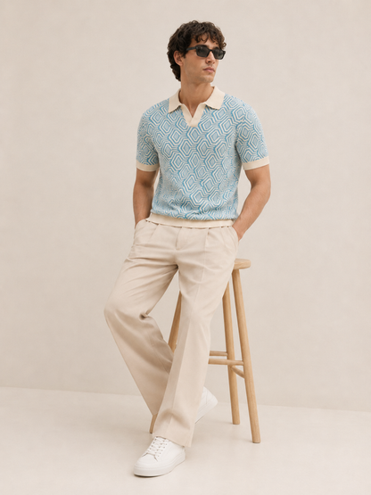 Sky Blue Geo Knit Polo T-Shirt