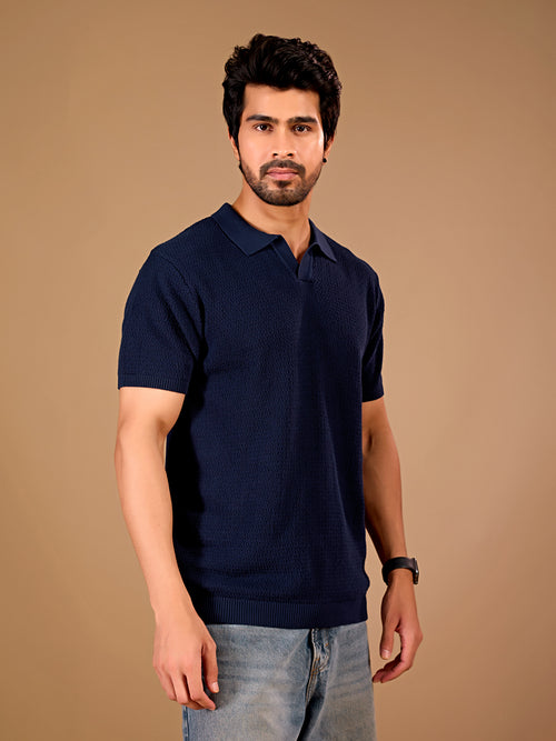 Navy Textured Knit Polo T-Shirt