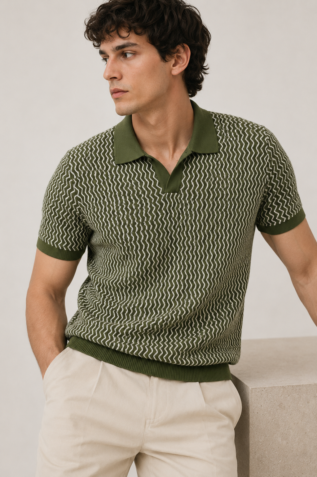 Olive Wave Knit Polo T-Shirt
